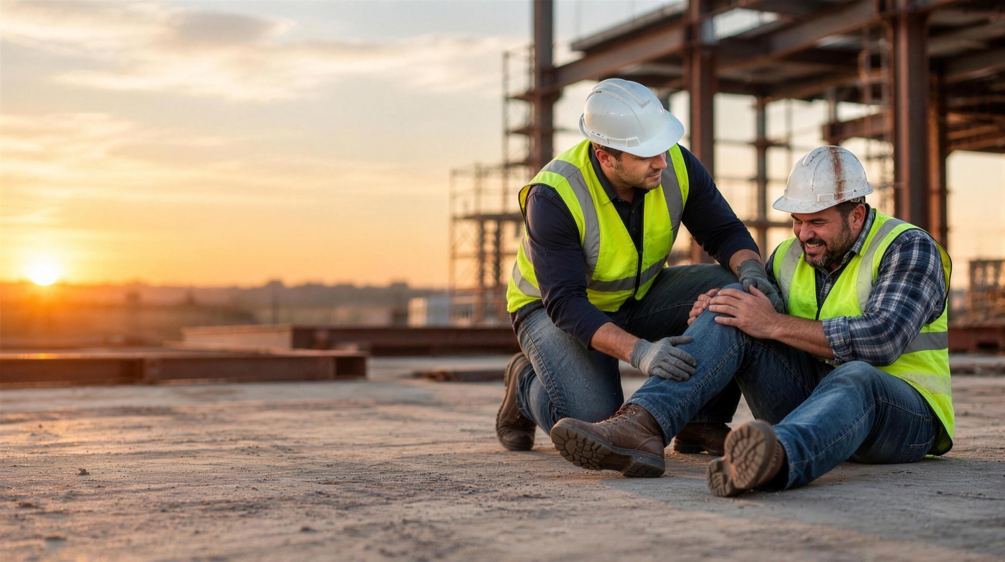 A construction worker tending to a coworker with a knee injury on a job site